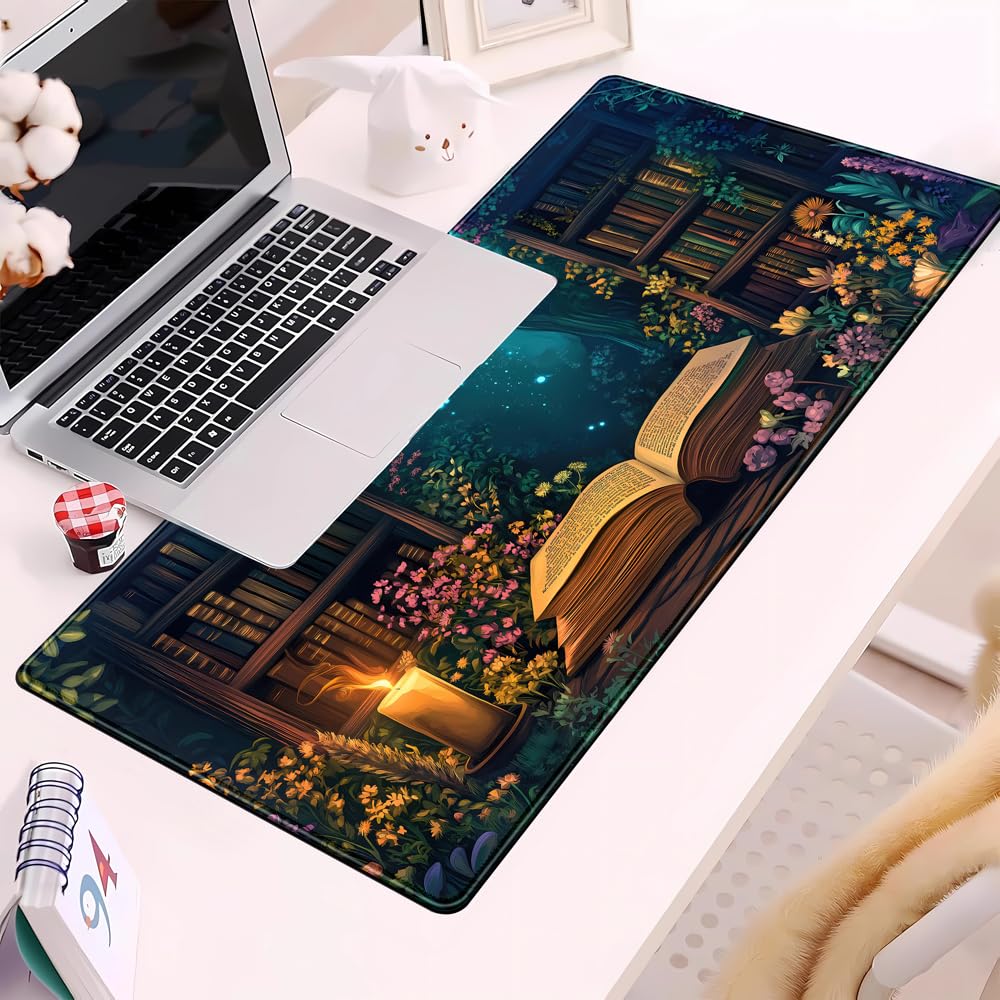 Gothic Desk Mat Gaming Desk Pad Blue Forest Large Mouse Pad, Mysterious Library Mouse Mat XXL Laptop Keyboard Pad, Vintage Gamer Mouse Pad Full Mousepads for School Office Home 31.5"x15.7"