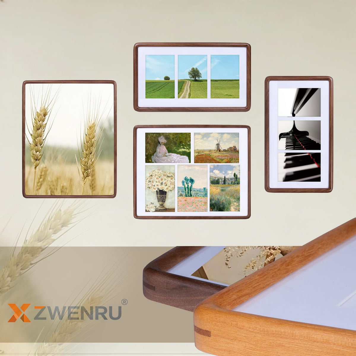 Xzwenru 8x14 Picture Frame Set of 1,Solid Walnut Wood Frame with Real Glass,Rounded Edge Wooden Photo Frame Matted to 8x14 Photo without mat or three 4x6 picture with mat, For TableTop and Wall Decoration.