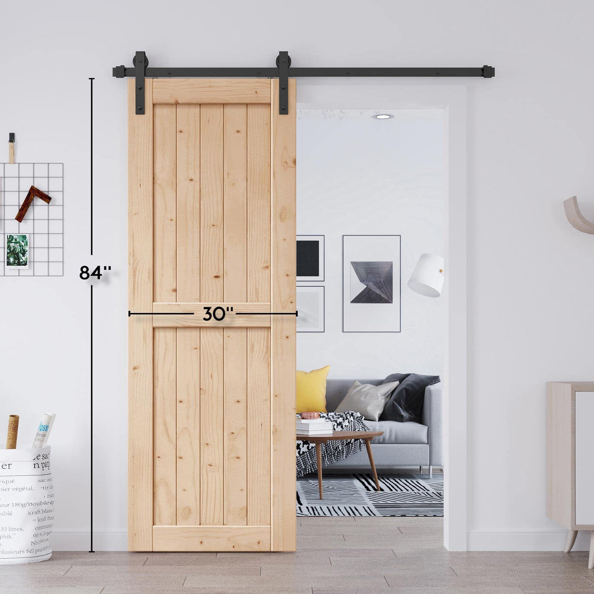 EaseLife 30in x 84in Sliding Barn Wood Door,Interior Doors,DIY Assemblely,Solid Natural Spruce Panelled Slab,Easy Install,Apply to Rooms & Storage Closet,H-Frame