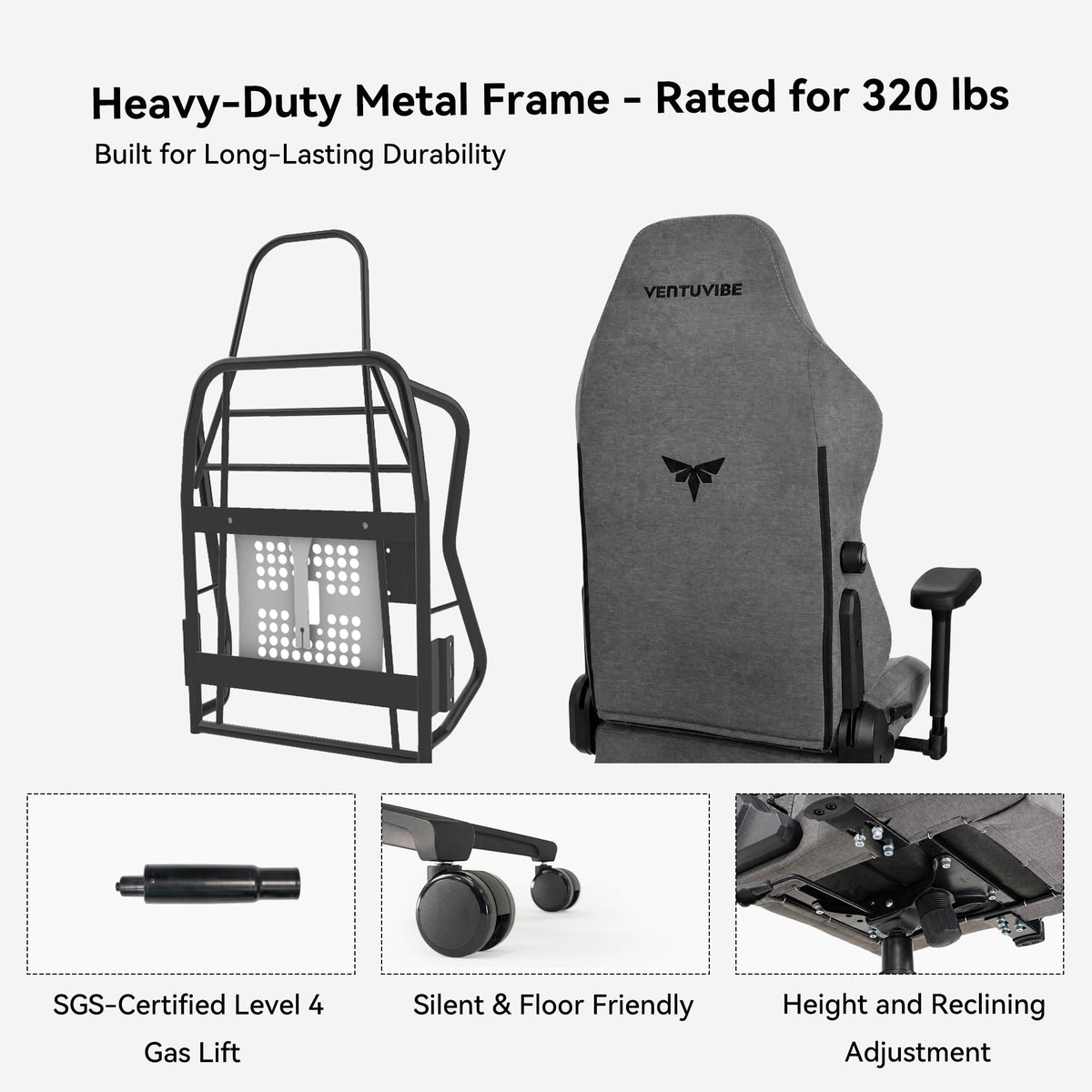 VENTUVIBE Gaming Chair - High Back Ergonomic Computer Chair with Lumbar Support, Video Game Chair-4D Adjustable Armrests,170° Reclining & 320lb Capacity,Fabric,Meteorite Gray