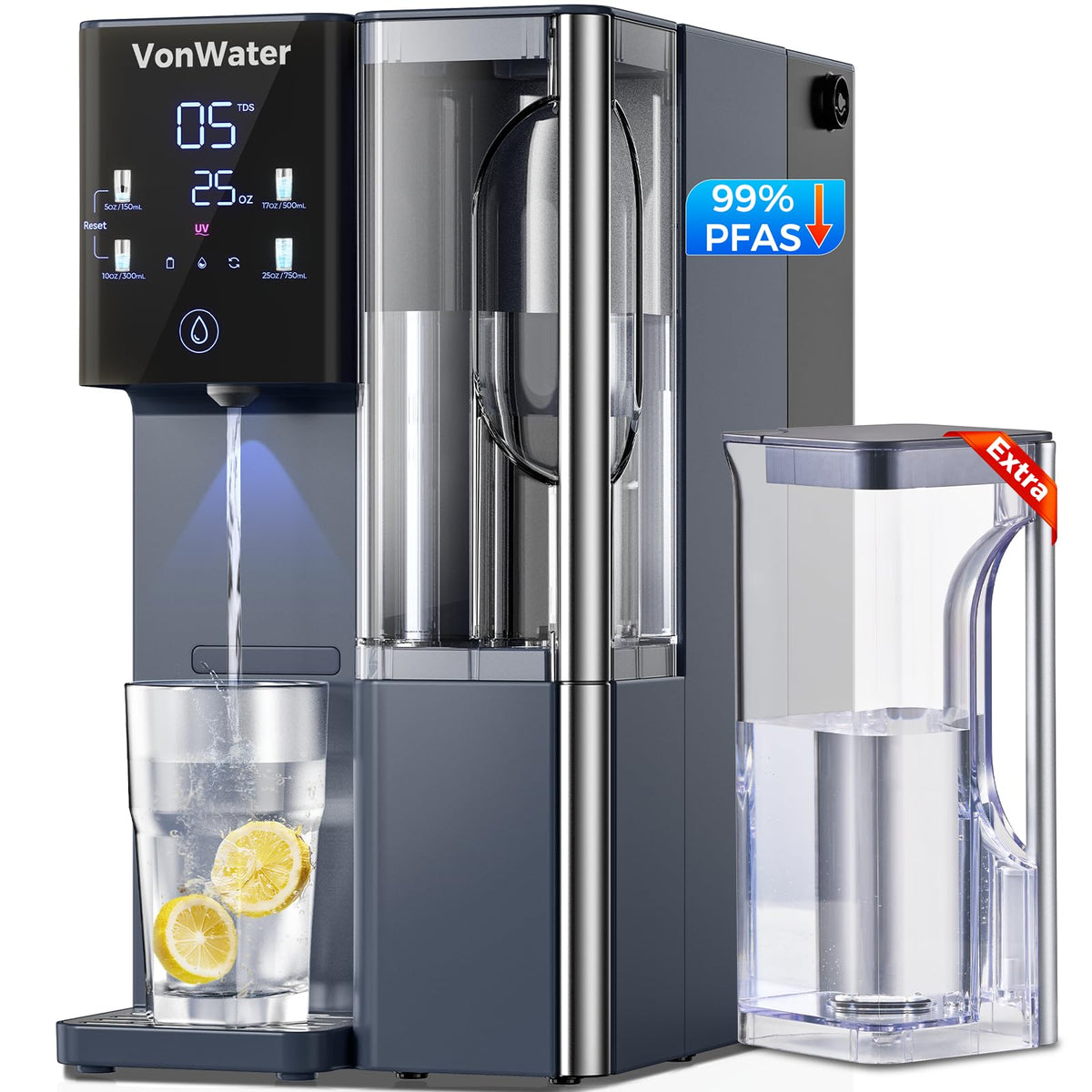 VonWater CT910WP Pure Water Pitcher 1.2L/40.6oz, for CT910 CT910H Countertop RO System (Blue)