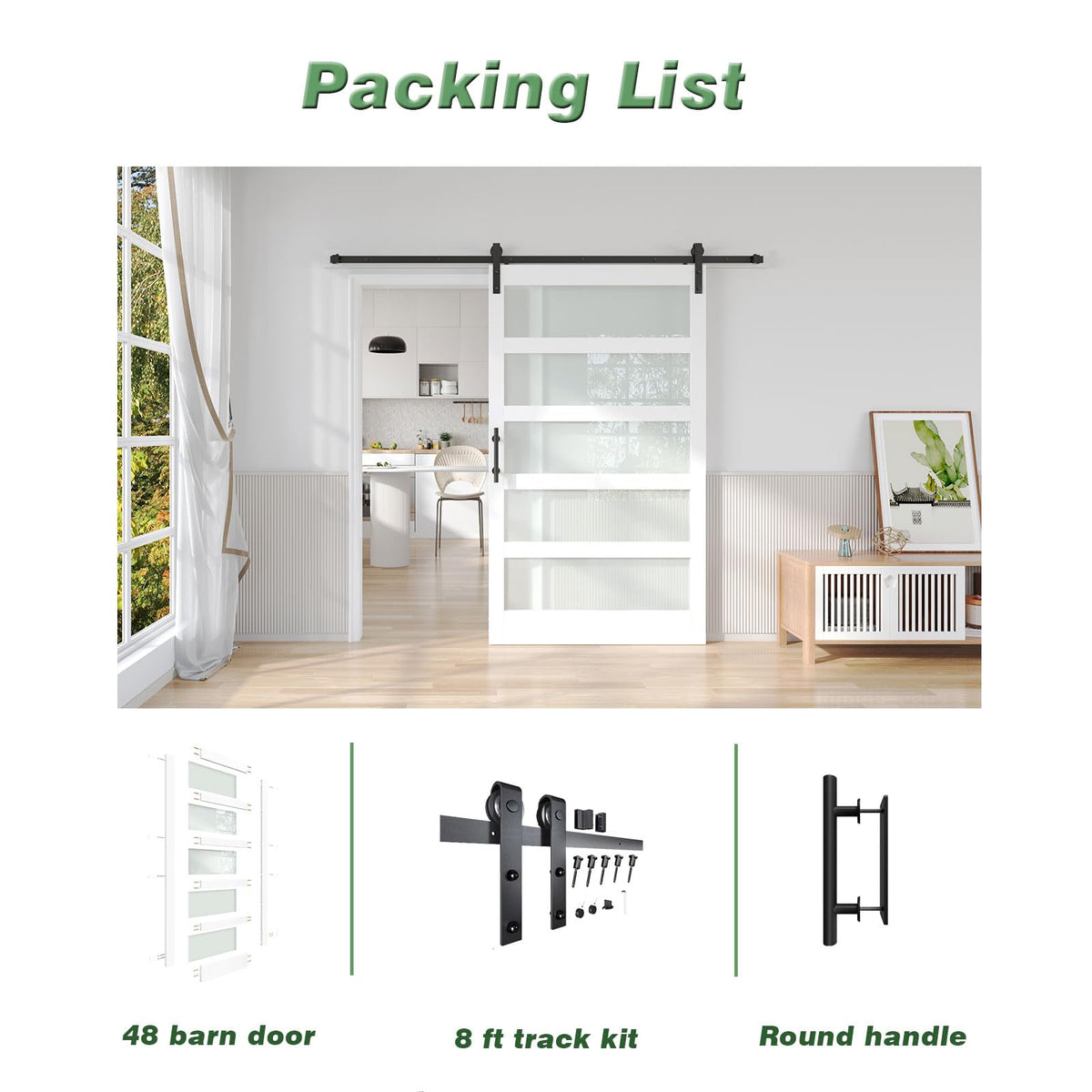 Fredbeck 48in x 84in White Glass Barn Door with 8FT 96inch Sliding Doors Hardware Kit Included & Handle,PVC Surface,Need to Assembly,Water-Proof
