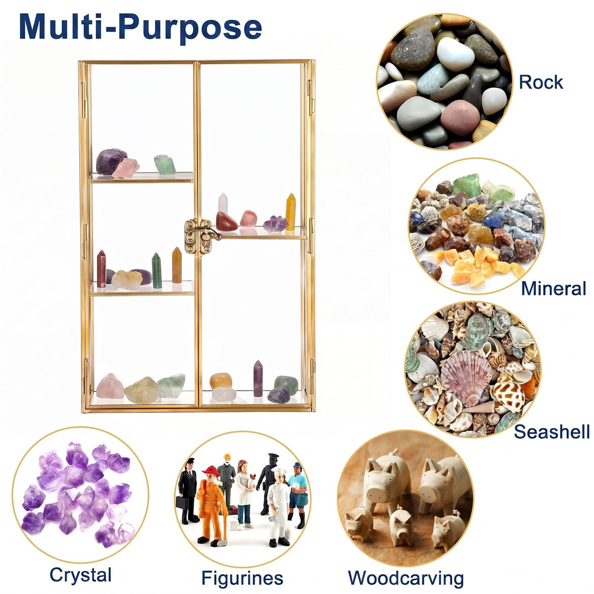 JUXYES 5 Grids Tabletop Brass Glass Rock Display Case with Latch Door - Modern Clear Rocks Collection Display Case Box - Gold Dust Proof Case Small Shelf for Collectible, Mineral Crystal, Rock, Stones