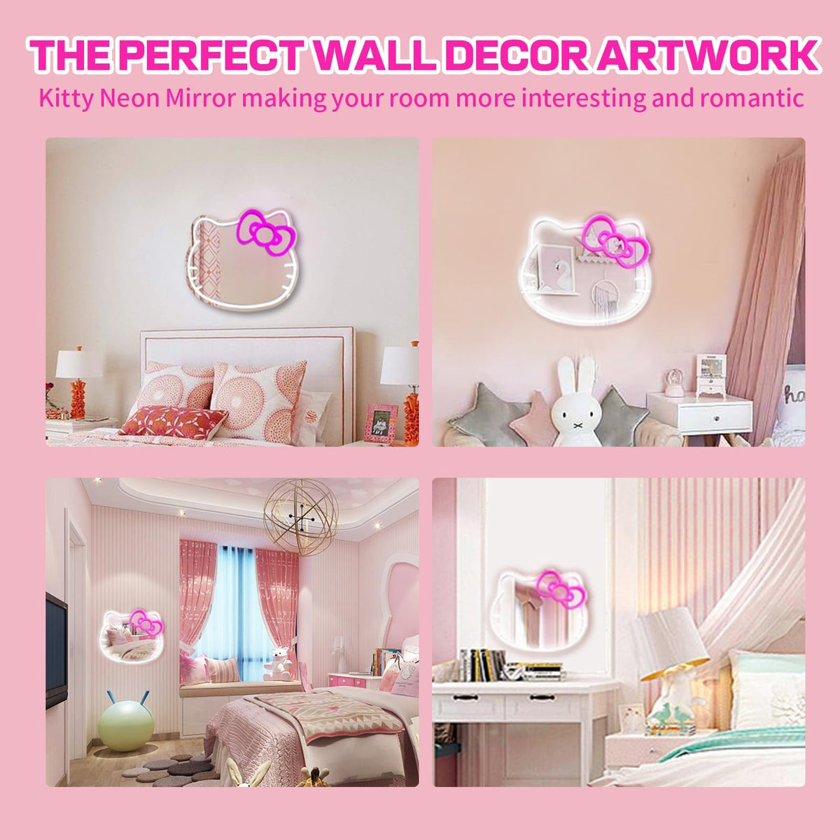 MCJSGSP Anime Hello Kit Mirror with Light Neon Signs for Wall Decor, Teen Girl Gift,Makeup Mirror neon Sign Room Decor (9.4 * 11.9 inch)