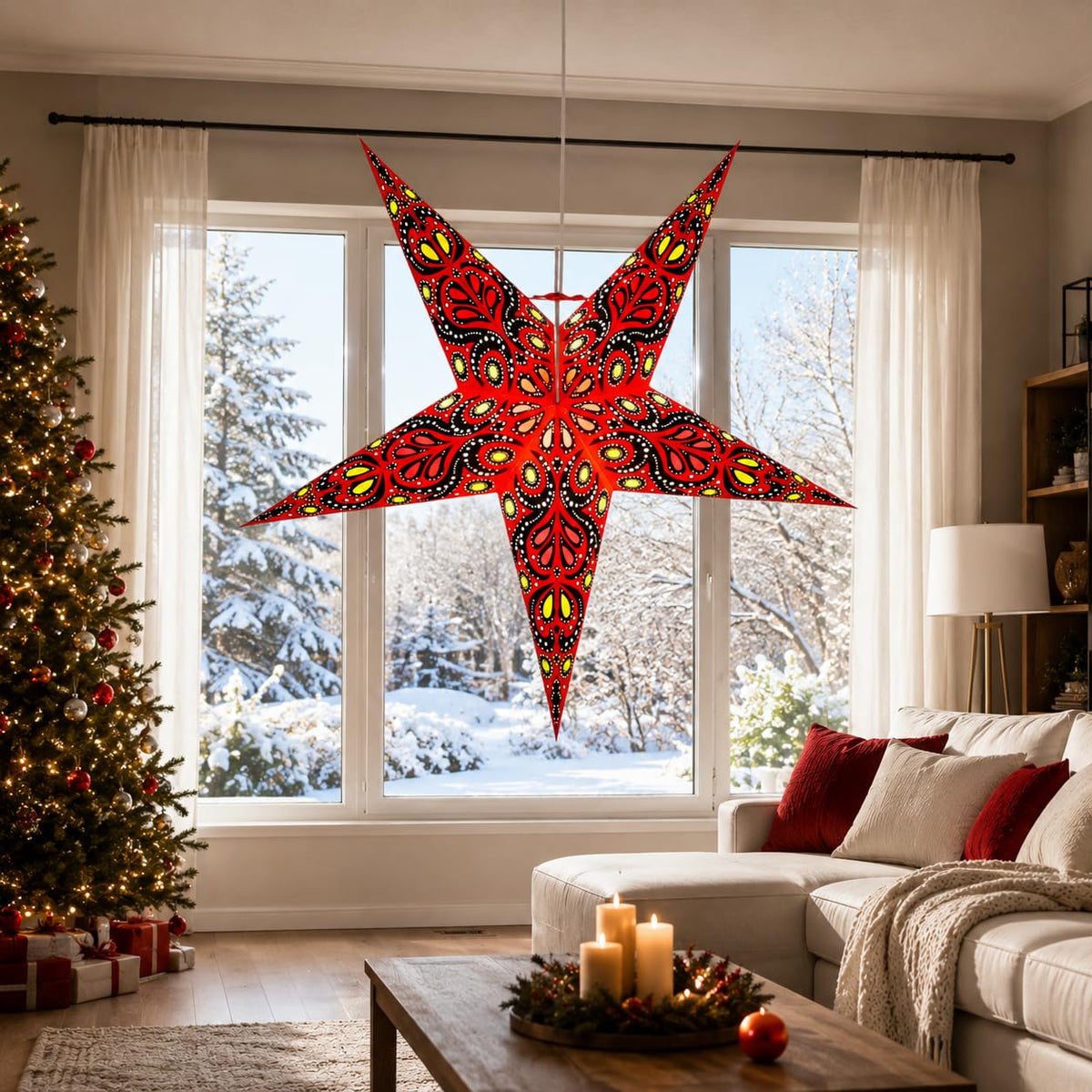 YEPSIO Lantern Lampshade Paper Star Light Shades Large 60cm Hanging Decorations for Christmas Wedding Home Decoration Birthday Party Foldable 5 Pointed Star (Red, Black, Yellow)