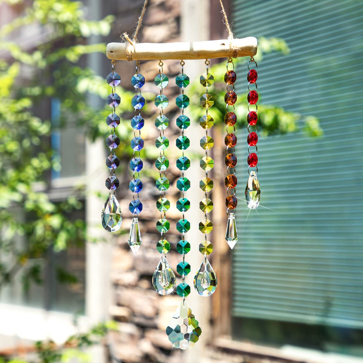 12inch Hanging Crystal Prism Suncatcher Window Garden Decoration Ornament for Christmas Tree Rainbow Glass Beads Chain Pendant Crystal Wind Chimes