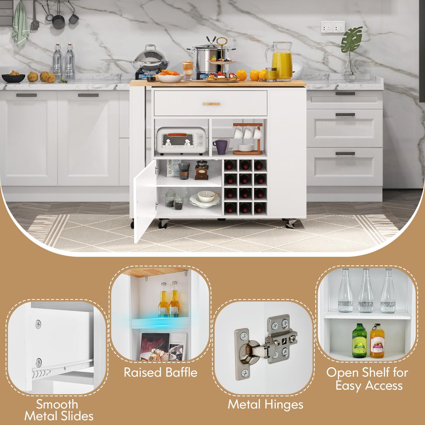Giantex Mobile Kitchen Island Cart, 4-in-1 Reversible Serving Cart Bar Table Combo, Storage Cart on Wheels w/Rubber Wood Top, Adjustable Shelf, 12-Bottle Wine Rack, Spice Rack for Dining Room, White