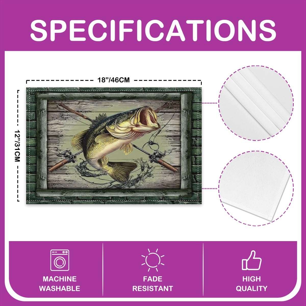 Bass Fish Placemats Set of 4,Hunting and Fishing Table Mats,Rustic Farmhouse Wooden Placemat for Kitchen Dining Table Retro Grey Green Dining Table Decor,18"x12"