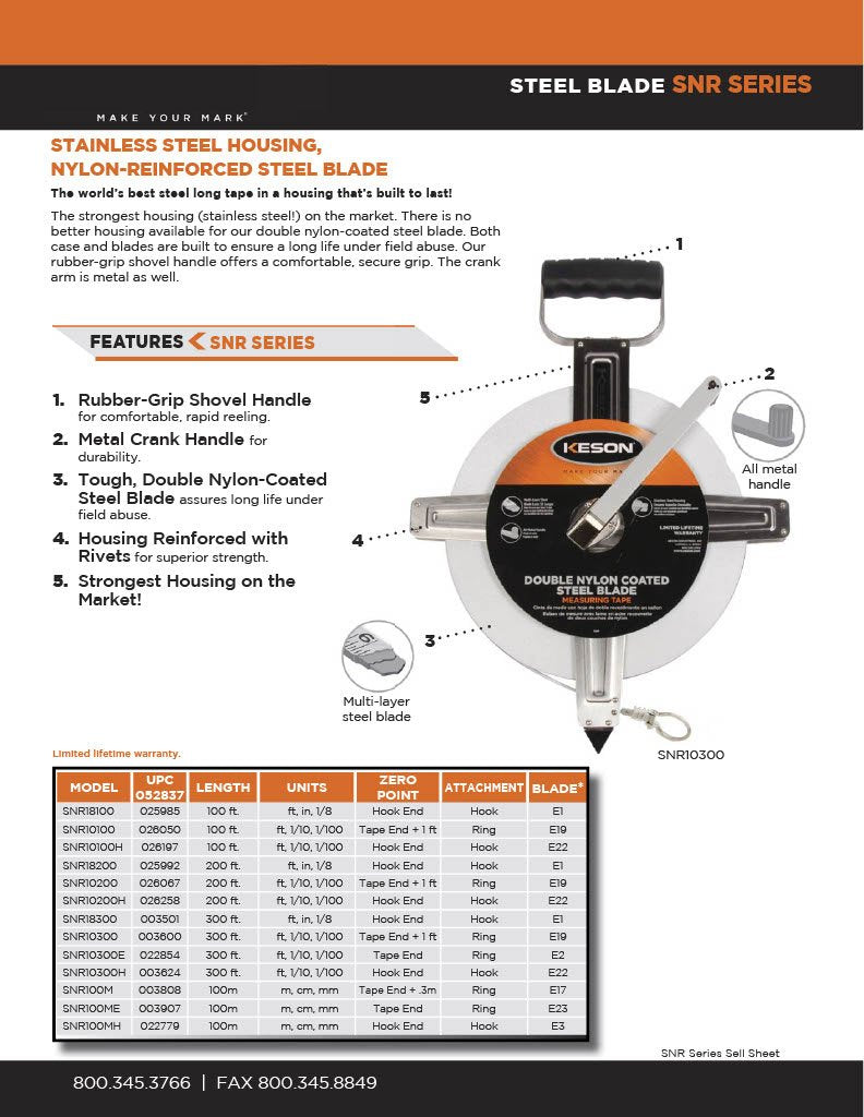 Keson SNR10200 Nylon-Reinforced Steel Blade Tape Measure with Stainless Steel Housing, Zero Point at Tape End + 1-Foot and Ring End (Graduations: ft., 1/10, 1/00), 200-Foot