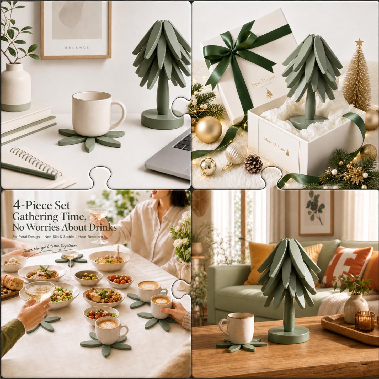 Zhehao Wooden Trivets for Hot Dishes in Sage Green, Trivet Tree Shape Set with 4 Foldable Wood Pot Holders & 1 Stand, Heat Resistant Kitchen Table Mats for Pans Bowls Teapots and Countertops