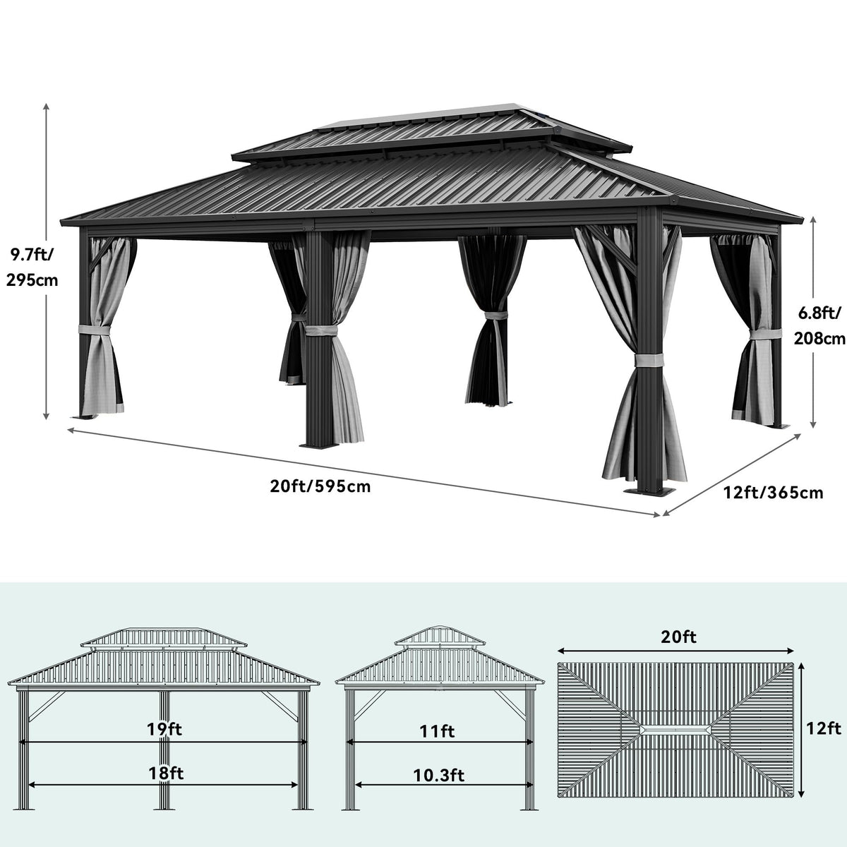 YITAHOME 12x20ft Hardtop Gazebo with Nettings and Curtains, Heavy Duty Double Roof Galvanized Steel Outdoor Combined of Vertical Stripes Roof for Patio, Backyard, Deck, Lawns, Gray