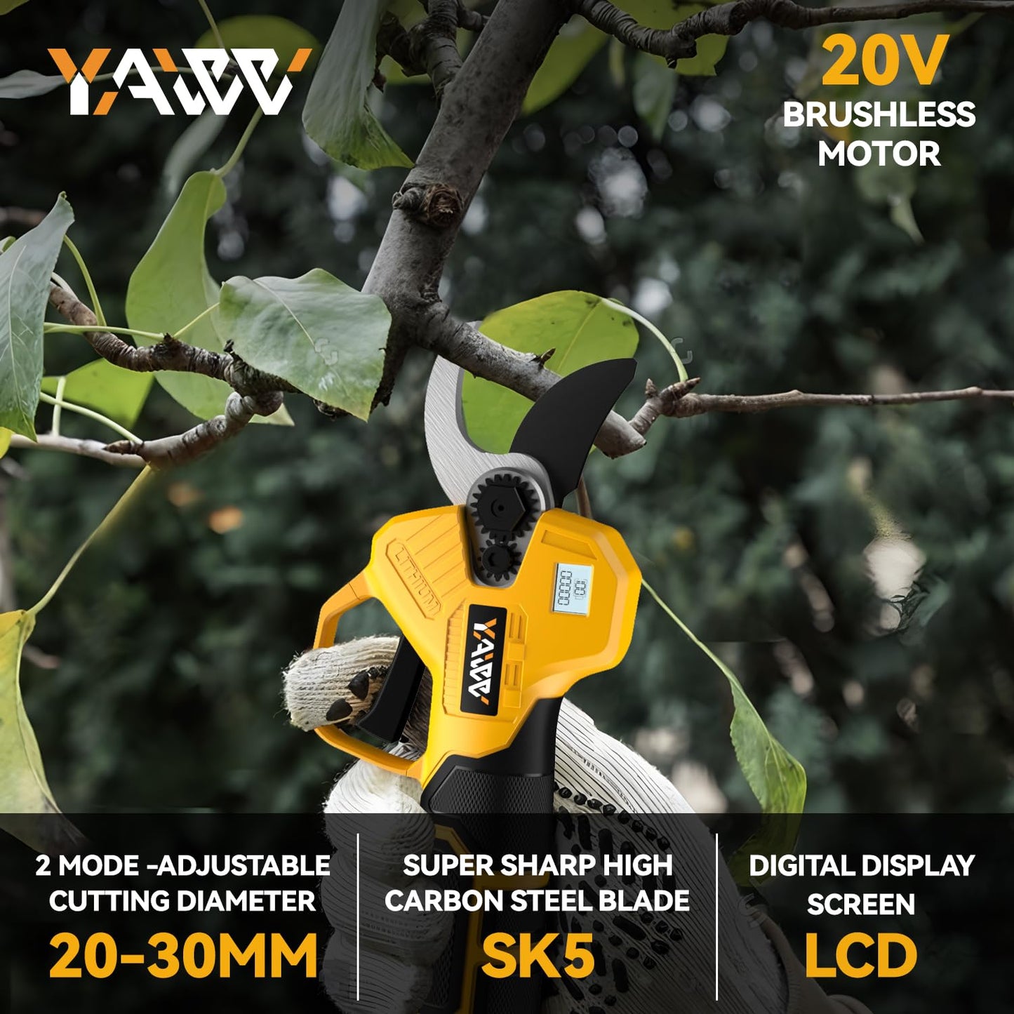 Brushless Electric Pruning Shears for DeWalt 20V Battery, Portable Cordless Pruning Shears with LCD Display&SK5 Blades, Adjustable Cutting Diameter 0.8-1.2 Inch for Gardening Tree Pruning(NO Battery)
