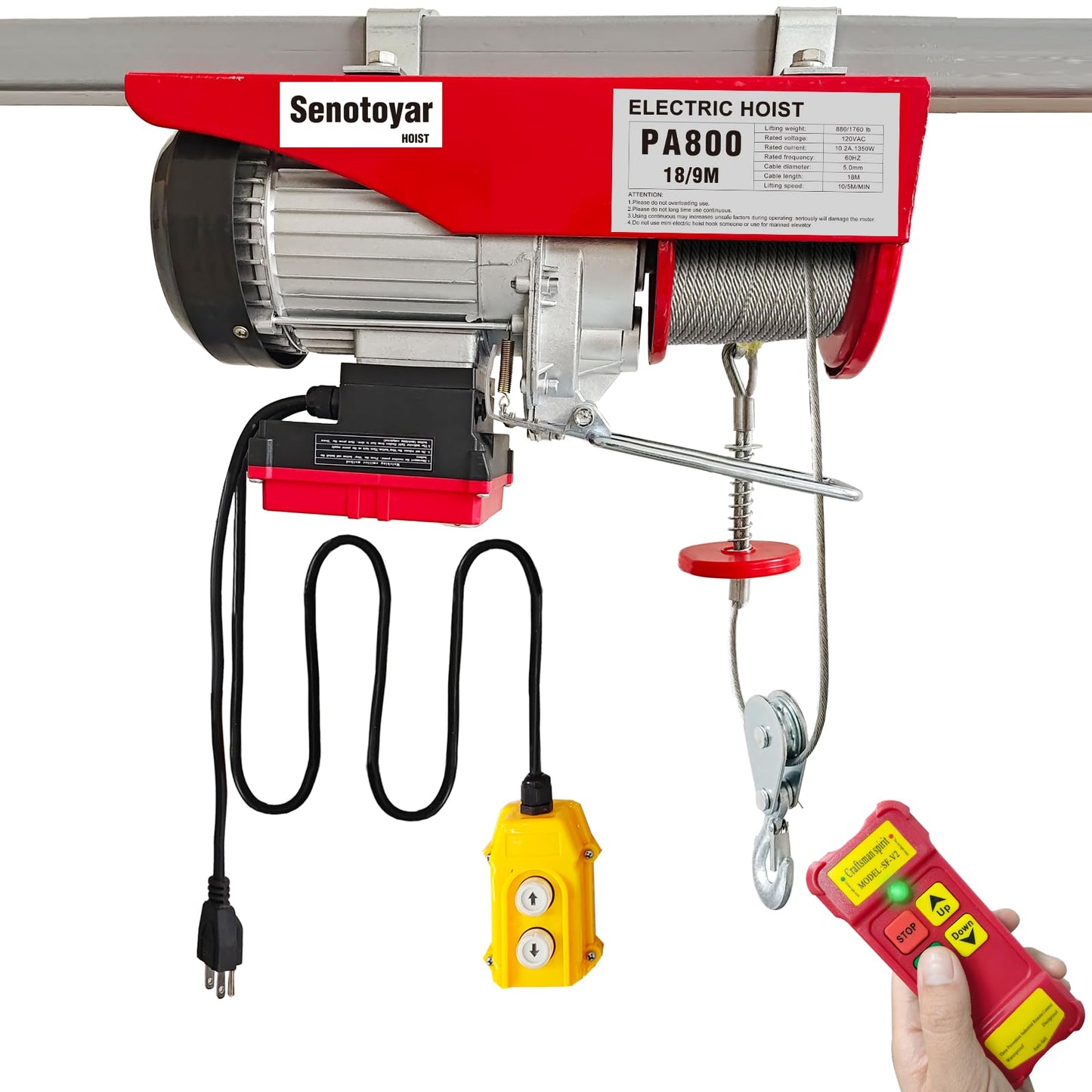 Electric Hoist 2 in 1-880lbs Electric Hoist Winch with 98ft Wireless Control&Wired Remote Control,110v Electric Hoist 59ft/29.5ft Lifting Height for Garage Warehouse Factory,Single/Double Slings