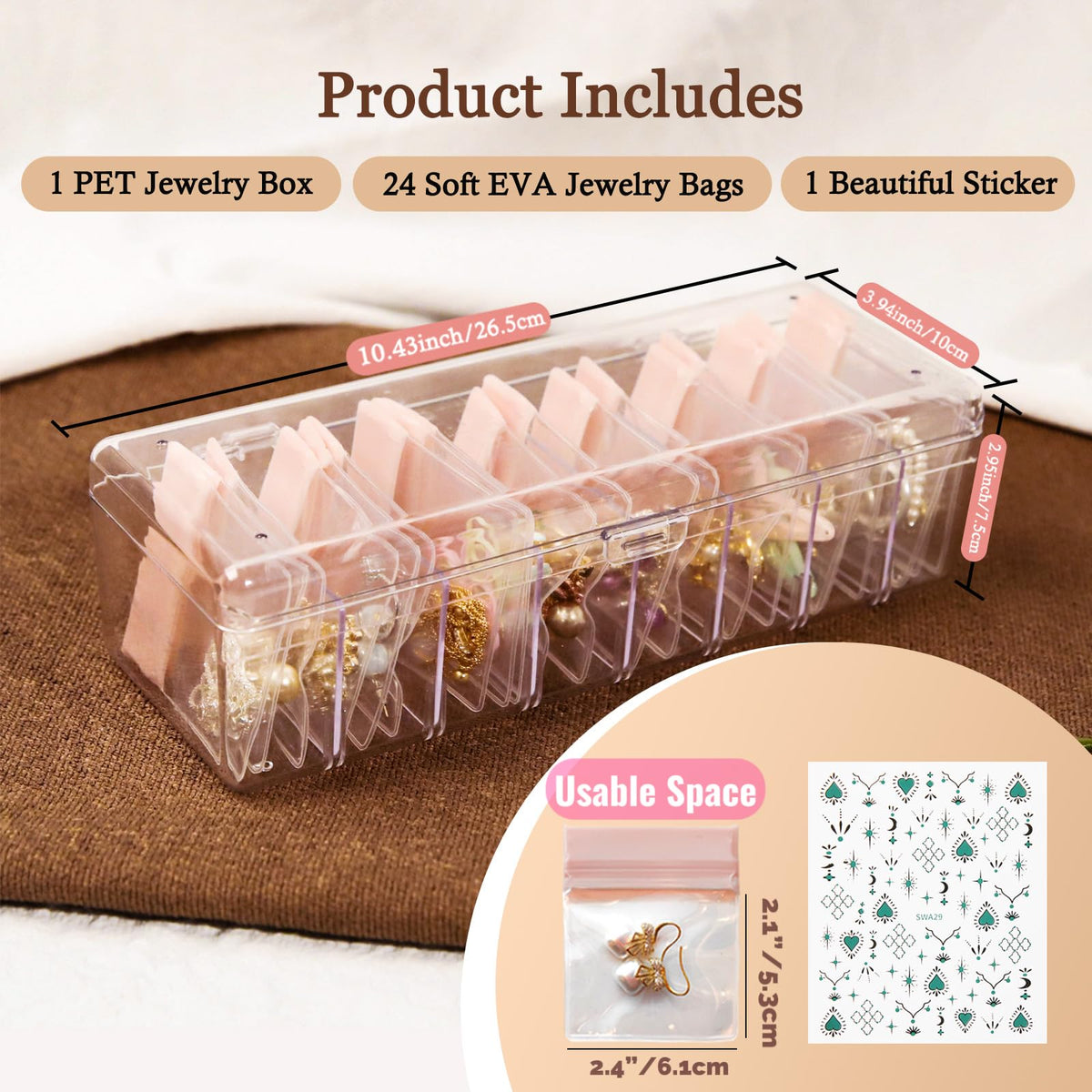 Qryval Jewelry Organizer and Storage Box with 24 EVA Anti Tarnish Bags, Travel Acrylic Case for Earrings, Necklaces & Rings, Elegant Gift for Women & Girls (S&Organizer(Clear))
