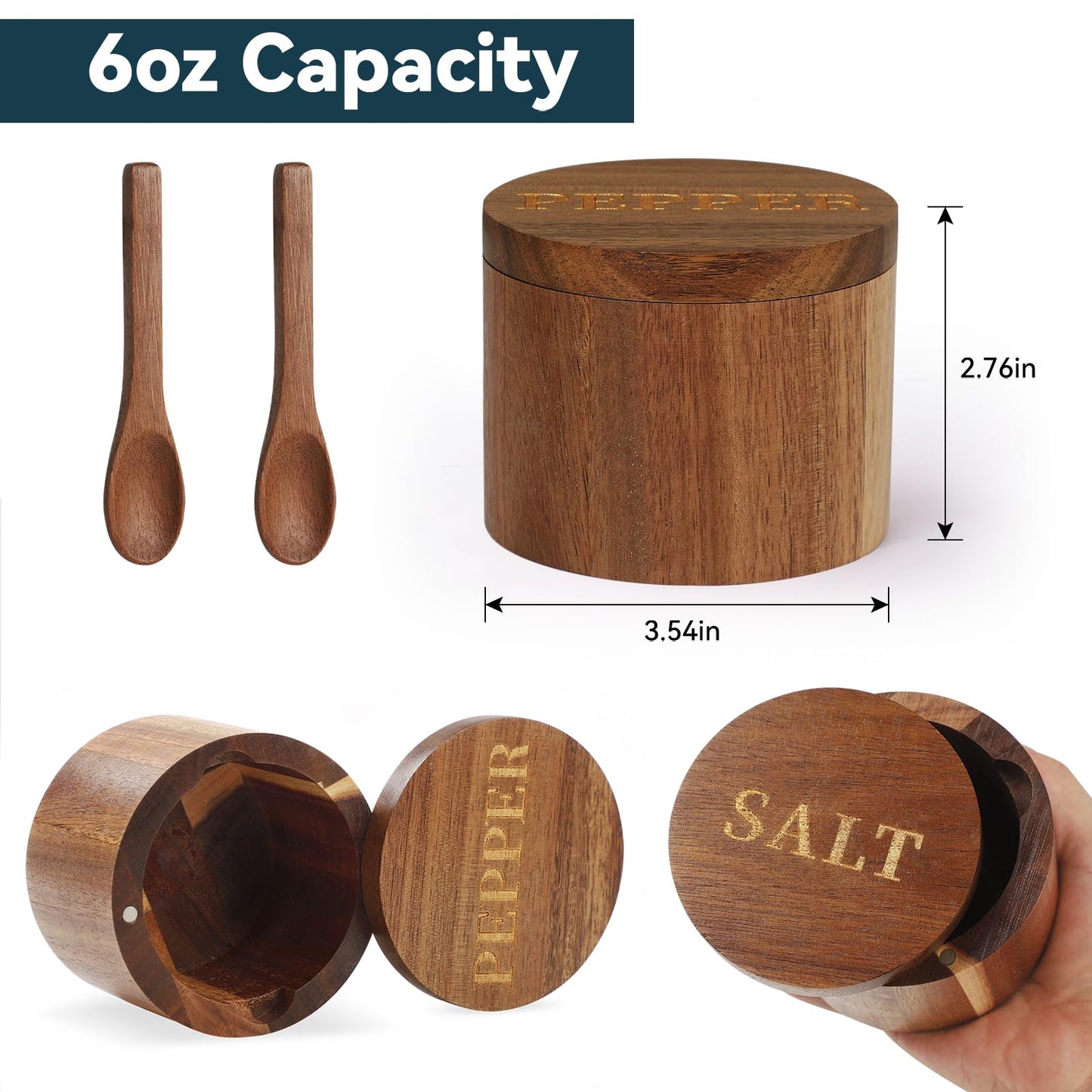 Timtopno Bamboo Salt Cellar & Acacia Wood Salt and Pepper Container Set with Built-in Spoon and Swivel Lid – Elegant Dual Salt Box Collection for Countertop Storage