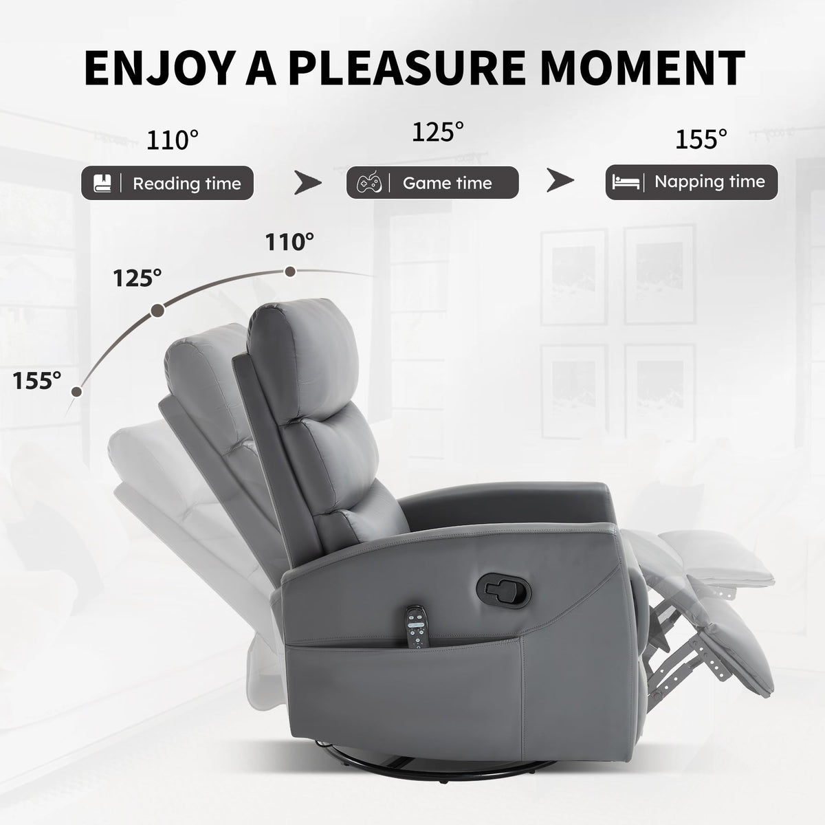 KEIKI 4-in-1 Manual Swivel Rocker Recliner Chair for Home Living Room, Faux Leather Chair with Back Massager & Heat, Home Theater Seating with Lumbar Support, Studio Apartment Essentials, Grey