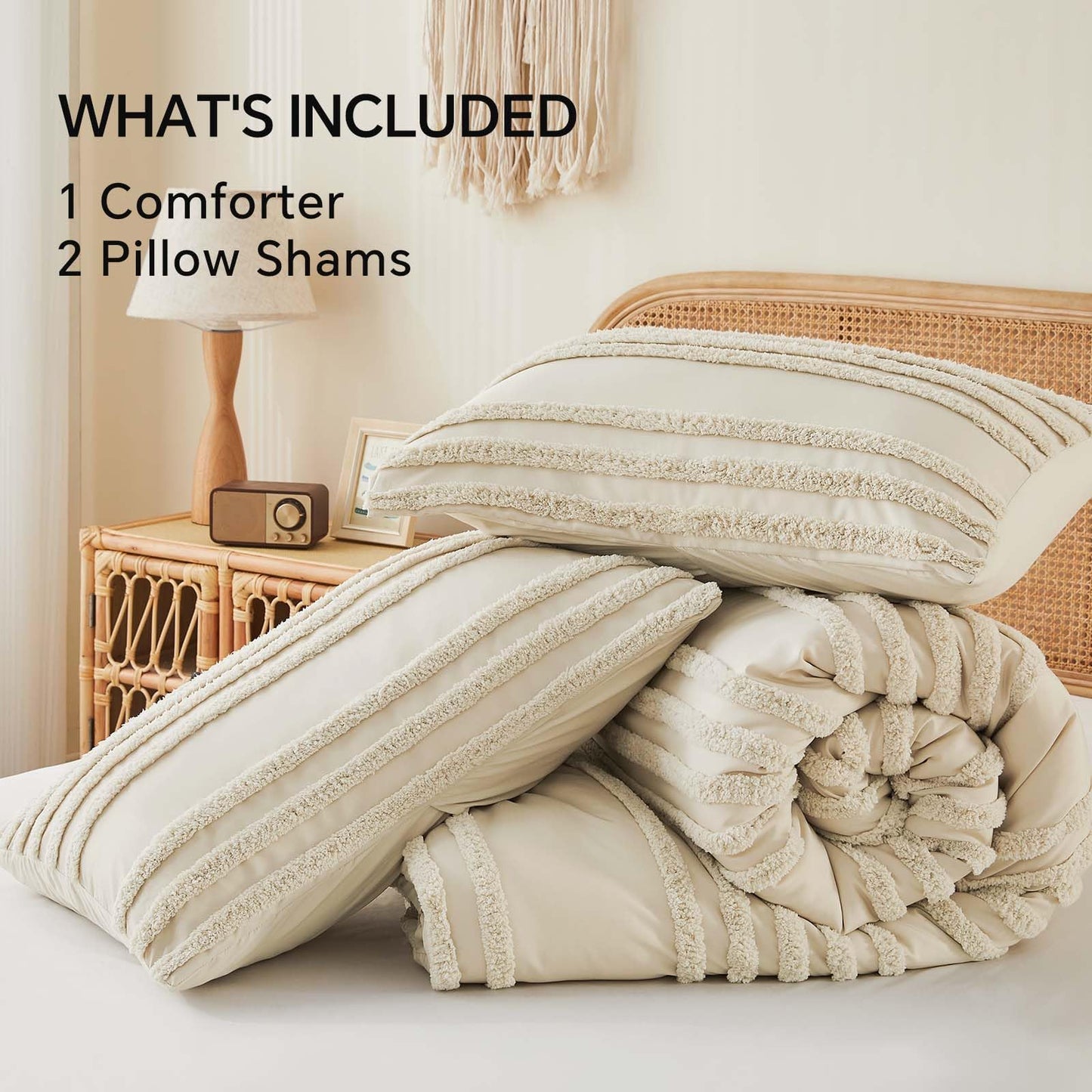 BEDELITE Boho Comforter Set Queen Size, Beige Tufted Boho Bed Set 3 Pieces, Soft & Lightweight Comforter for All Seasons, Jacquard Farmhouse Bedding Set with 2 Pillow Shams
