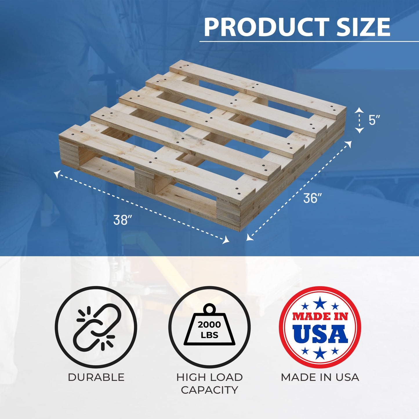 Treaton, Heavy-Duty 2-Way Entry Wooden Pallet – 38x36x5”, Industrial-Grade Hardwood Shipping Pallet, Durable, Reusable, Stackable, Easy to Handle, Commercial Use as a Floor-Pallet, 1 Pack