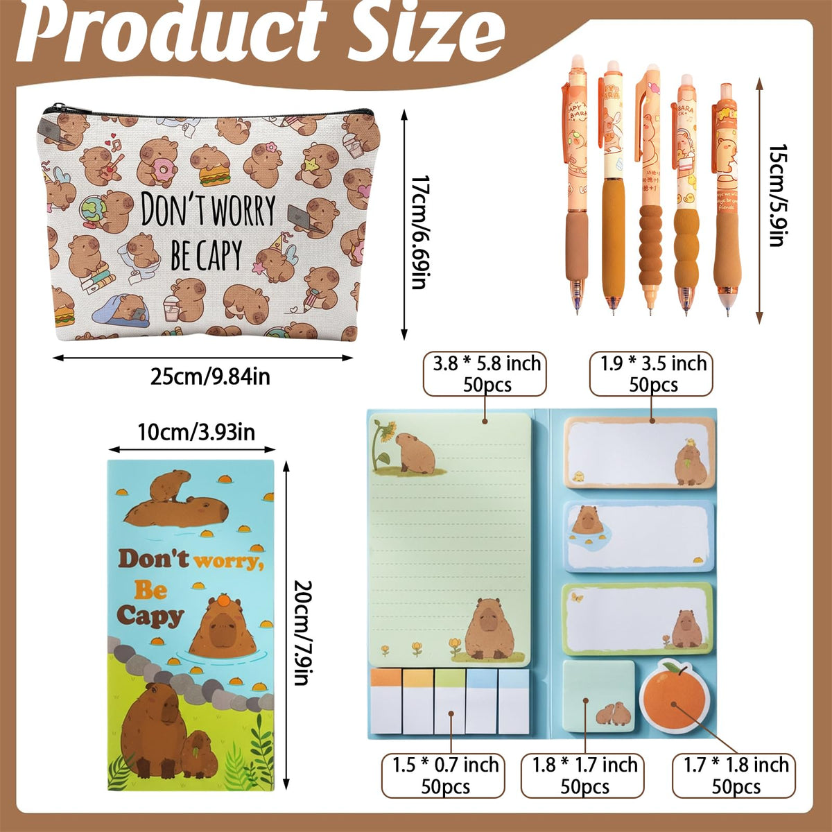 Capybara Stationery Set, School Supplies for Girls, 7 PCS Cute Office Supplies with Pencil Case, Pens and Sticky Notes, Capybara Gifts Party Favor for Stationery Back to School Office Supplies