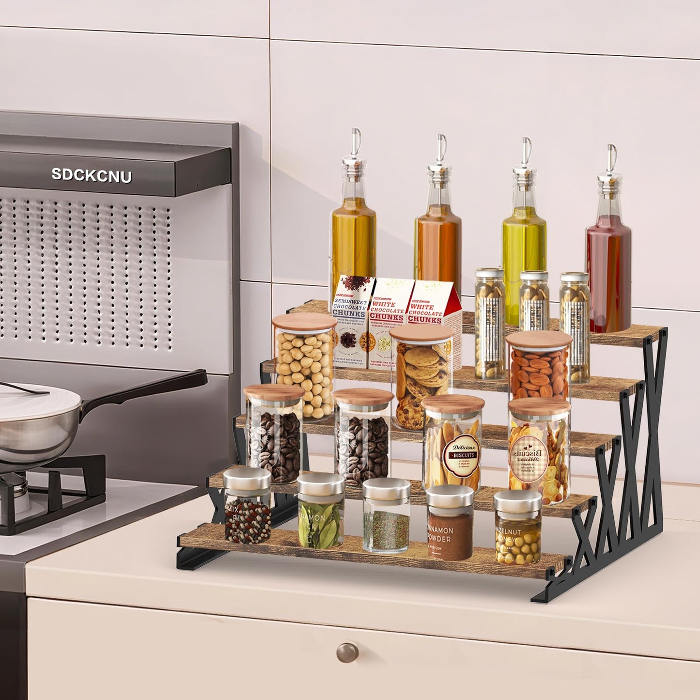 KALYLOC 5 Tier Wooden Display Riser Stand 13.8 Inch Metal Step Perfume Stand Organizer Tabletop Tiered Display Shelf Rack for Cologne Cupcake Spice Figures Cosmetics Candles (Brown, X-Shape)