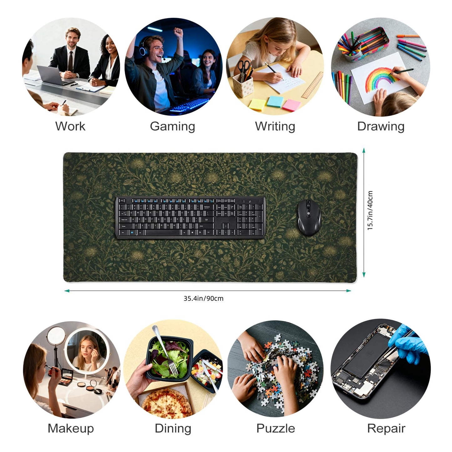 Dark Green Floral Desk Mat Gold Flowers XXL Large Desk Pad - Anti-Slip Stitched Edges Mouse Pad for Women, Office & Home, Extra Big Computer Keyboard Mat for Desktop, Aesthetic Office Decor