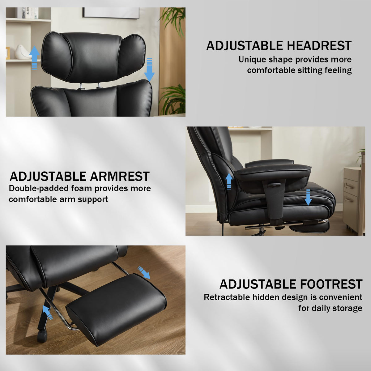 600lbs Big and Tall Office Chair with Foot Rest & Flip Arms, Plus Size Office Chair for Heavy People, Inflatable Adjustable Lumbar Support, Ergonomic Breathable Leather Chair, Quiet Rubber, Black