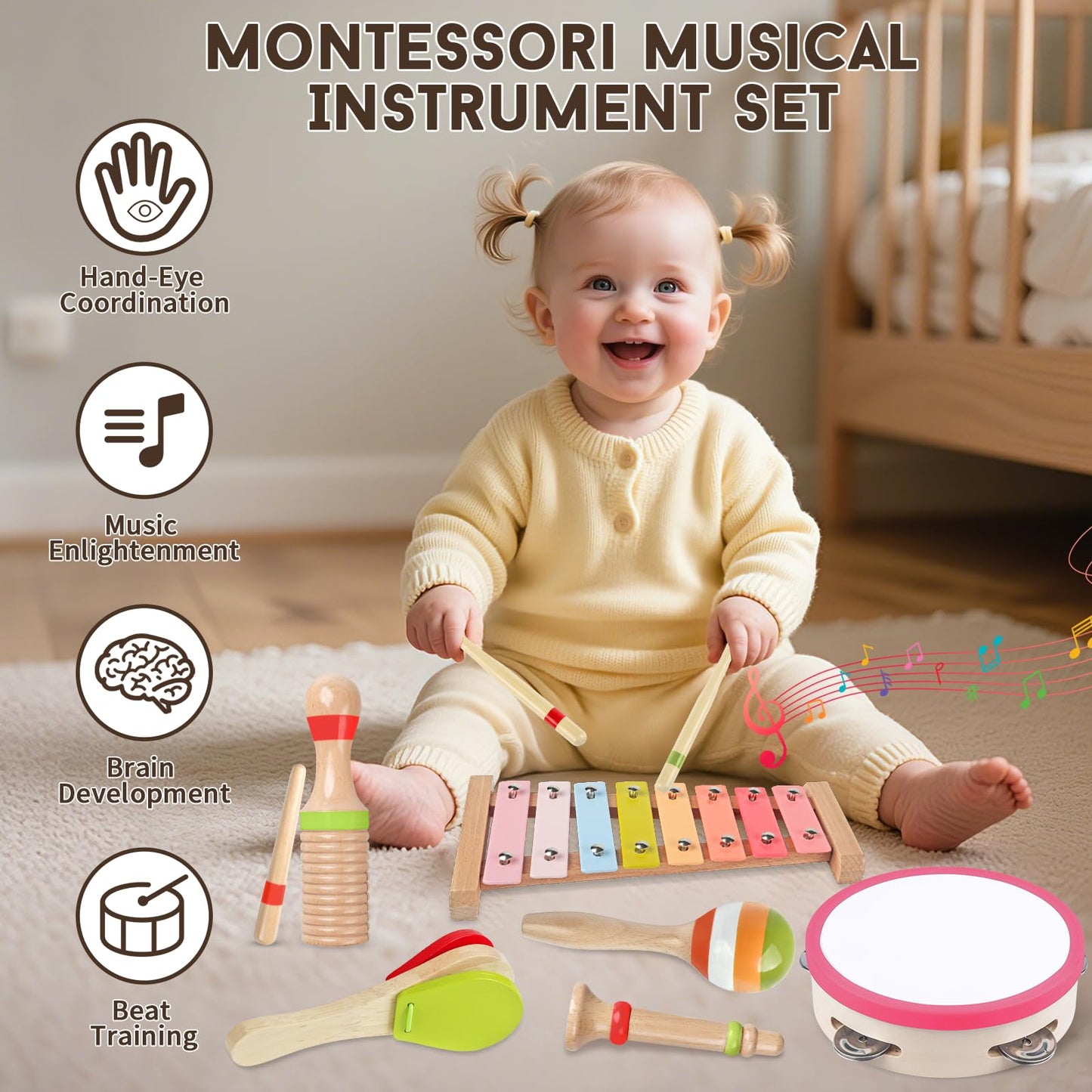 Baby Musical Instruments for Girls-Montessori Wooden Toys for Toddlers 1-3,Percussion Instruments Set with Xylophone Preschool Educational 3+ Christmas Birthday Gift for 1 2 3 Year Girl (Pink)