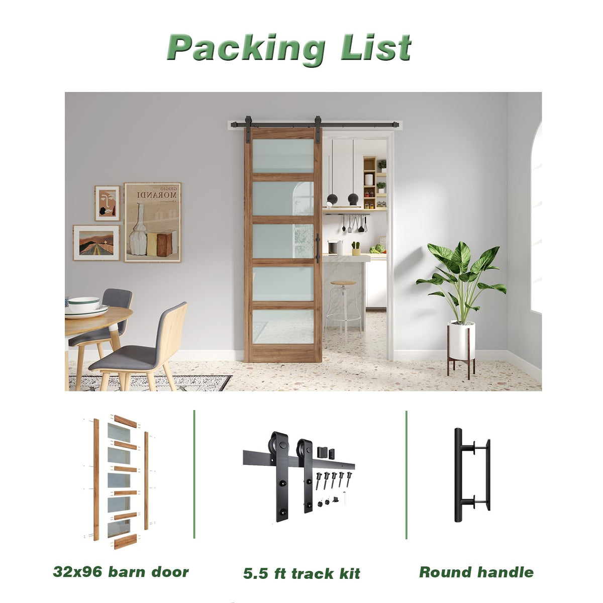 FREDBECK 32 x 96 inch Glass Barn Door with 5.5FT Barn Door Hardware Kit & Handle Included,5-Panel Frosted Glass,Water-Proof Surface,Pre-Drilled Holes,Need Assembly