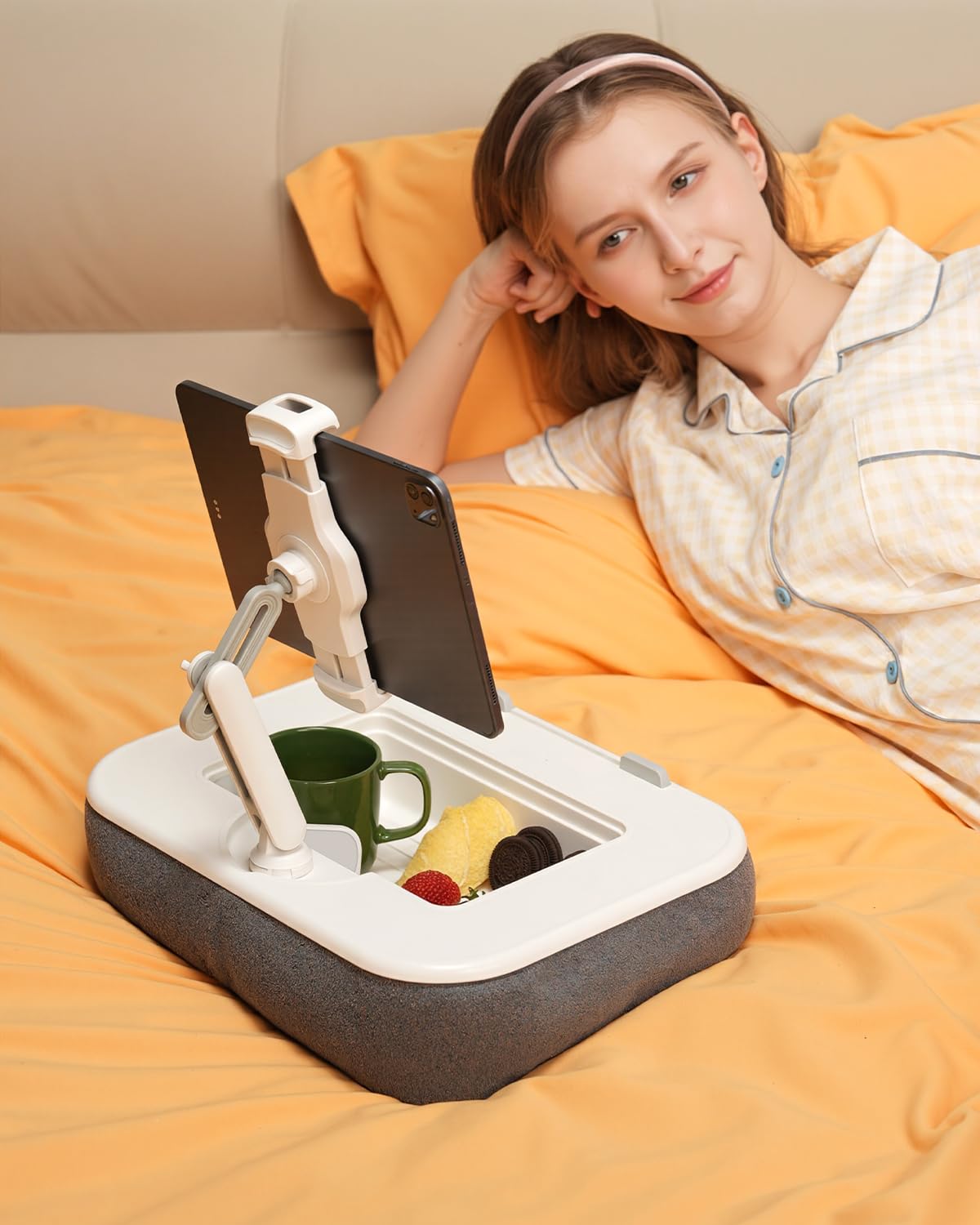 Viozon Kindle Pillow Stand Holder, Phone Holder for Bed, Laptop Lap Desk with Mouse Pad,Compatible with 4.7-13" Kindle/Tablet/Phone,10-15" Laptop, Snack Bowl&Cup Attachment&Detachable 360°Stand Arm