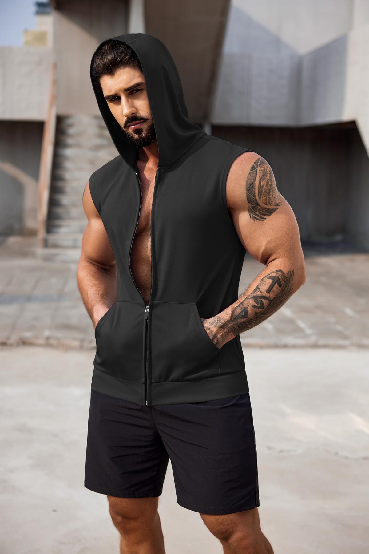 COOFANDY Men 2 Pack Fitness Tank Top Cotton Cutoff T Shirt Zip Gym Hoodies Workout Hooded Tank Athletic Black and Dark Grey L