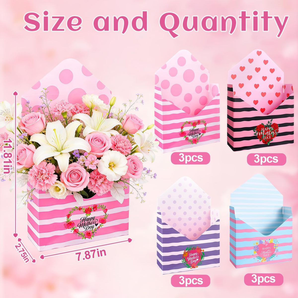 12 Pcs Gifts for Mothers Day Florist Box Mothers Day Bouquet Envelope Boxes Stripe Mother Gifts Floral Envelope Boxes Paper,Flower Bouquet Packaging Gift Box Wrapping for Wedding Birthday Party Decoration