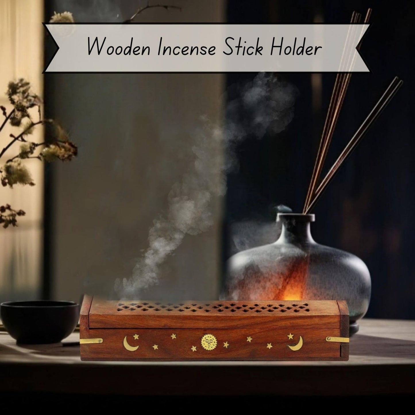 Vrinda® 2 Pack Handcrafted Wooden Incense Stick Holder with Sun and Moon Inlay - Ash Catcher for Meditation - Home Decor & Accessories, 12x2x1.5 inches