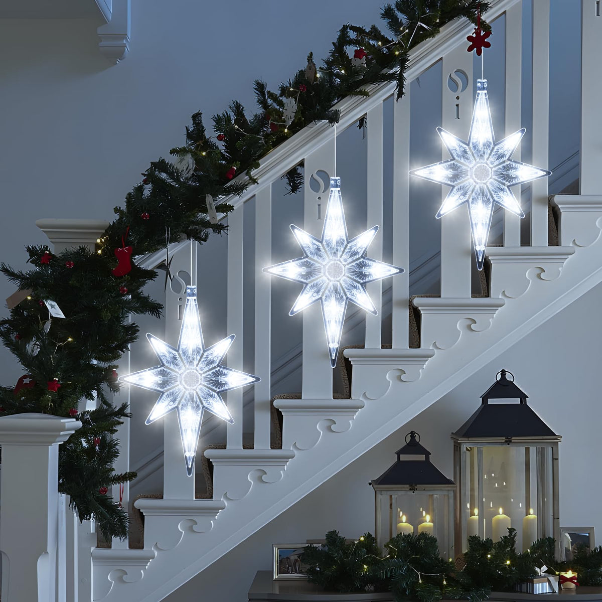 LYUBASA 3Pcs Christmas Window Lights Decorations with Timer,Battery Powered Christmas Window Hanging White Lighted Lucky Star Shaped LED Sucker Lamp for Xmas Tree Fireplace Window Indoor Outdoor Decor
