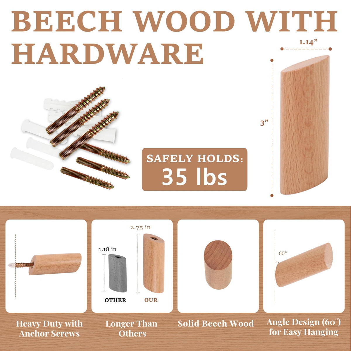 evory 6 Natural Wood Hooks for Wall, Rustic Wooden Coat Hooks Wall Mount, Hat Hooks for Wall, Decorative Coat Rack Hangers, Heavy Duty Coat Hanger Hooks for Hanging Bags,Towels,Purse(Beech Wood)