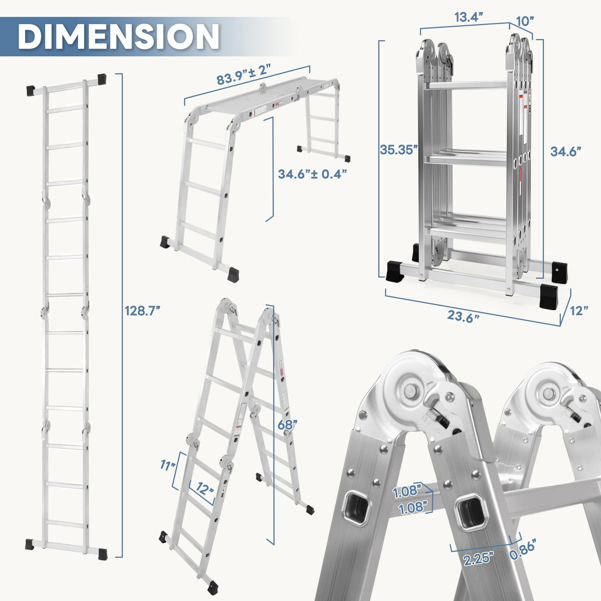 DUMOS Multi-Purpose Folding Ladder, 7 in 1 Aluminium Heavy Duty Collapsible Tall Extension Adjustable Step Ladder for Home Roof RV Work Painting Garage & Outdoor Use