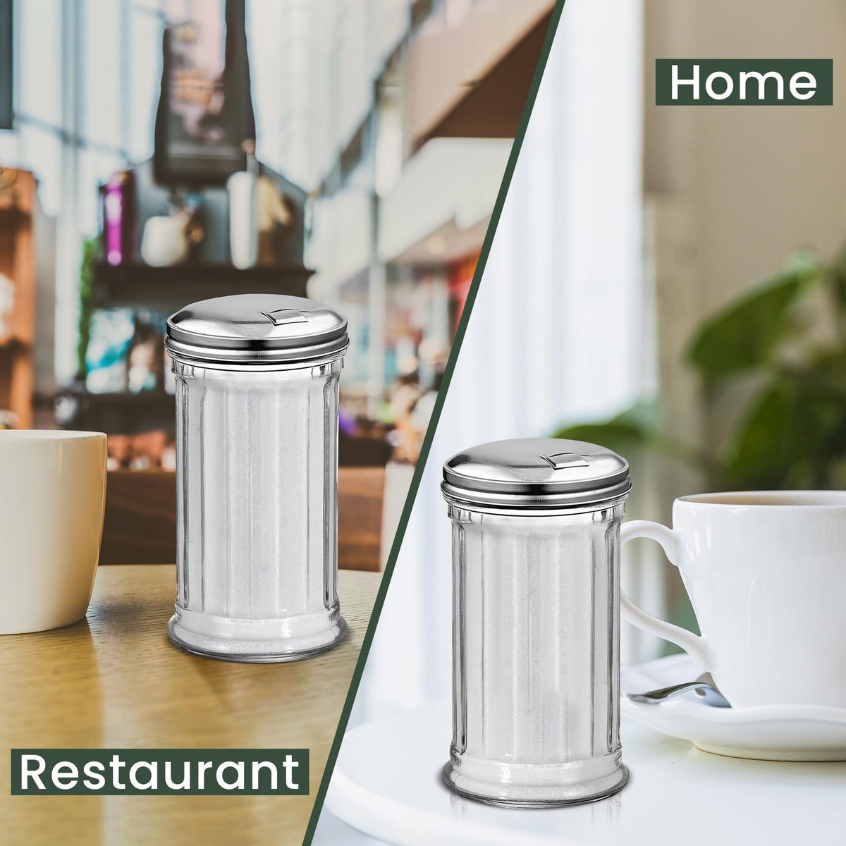 Great Credentials Retro Style Sugar Dispenser Pourer Shaker, Glass Jar with Stainless Steel Flap Lid, 12 oz, Set of 2