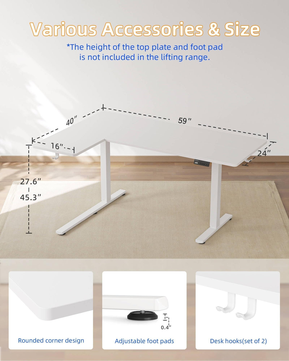 YIHAYO Reversiable L-Shaped Electric Standing Desk, 59 Inches Stand Up Corner Desk, Sit and Stand Up for Work Office Home, Ergonomic Rising Computer Table with Splice Board, White