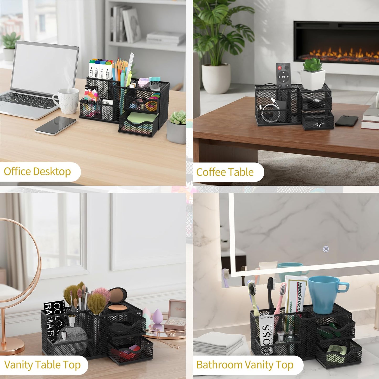 ReePlan Mesh Desk Organizer, Pen Organizer with 2 Drawers and 5 Compartments, Versatile Pen Holder for Small Space, Desk Organizers and Accessories for School Office Supplies, Black