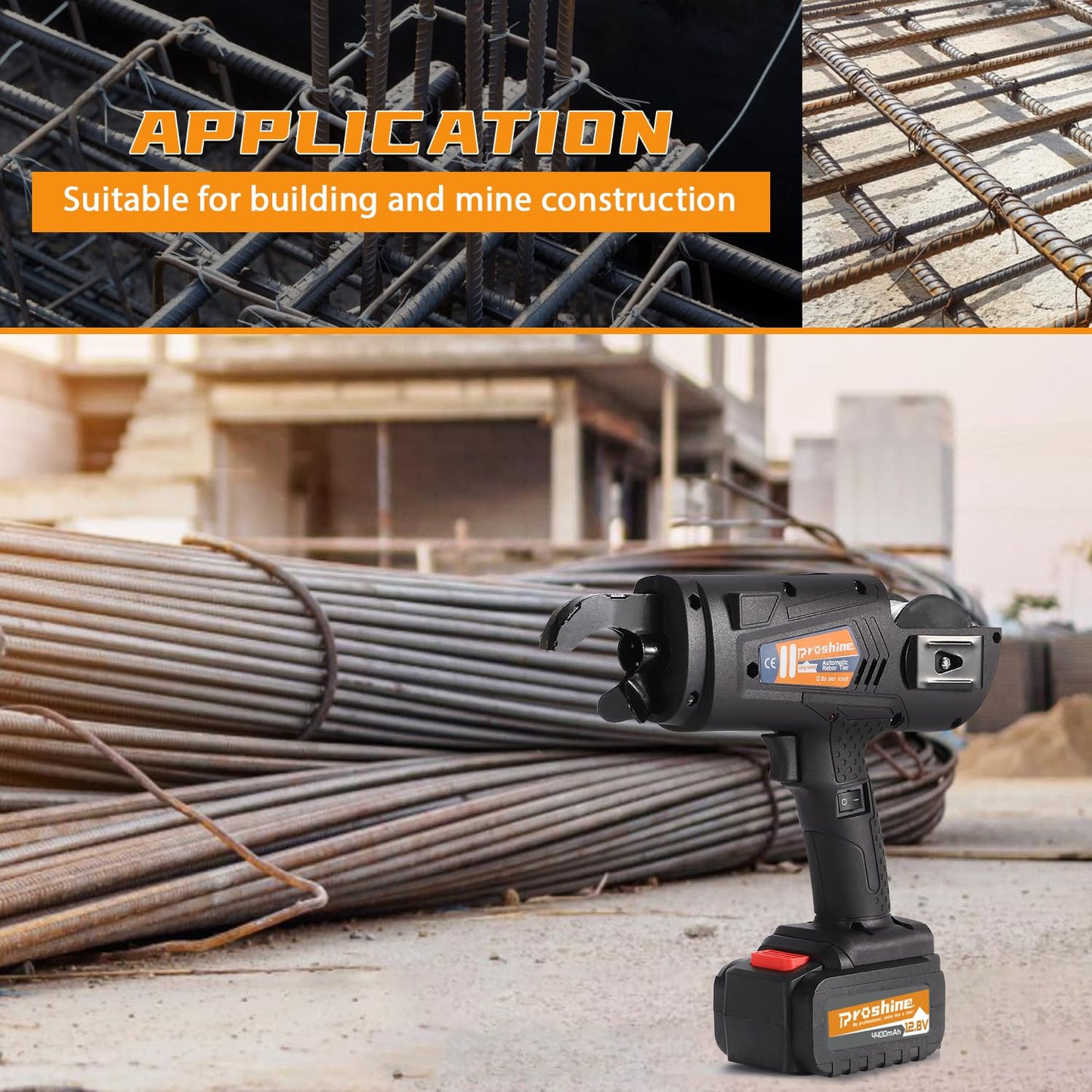 Proshine Rebar Tie Gun 0.3-1.3in/8-34mm Automatic Rebar Tying Tool 12.8V Rechargeable 4400mAh Battery Wire Coil 0.8S a Knot