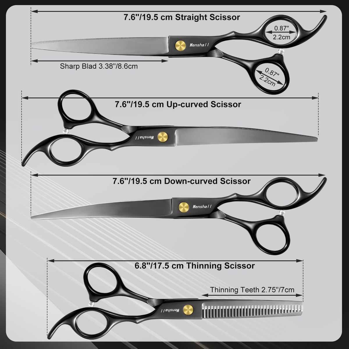 Wenshall Professional Dog Grooming Scissors Set - 6.5" Thinning, 7" Straight, 7" Up-Curved, 7" Down-curved Scissors and Comb for Dog Cat Pet (Black)