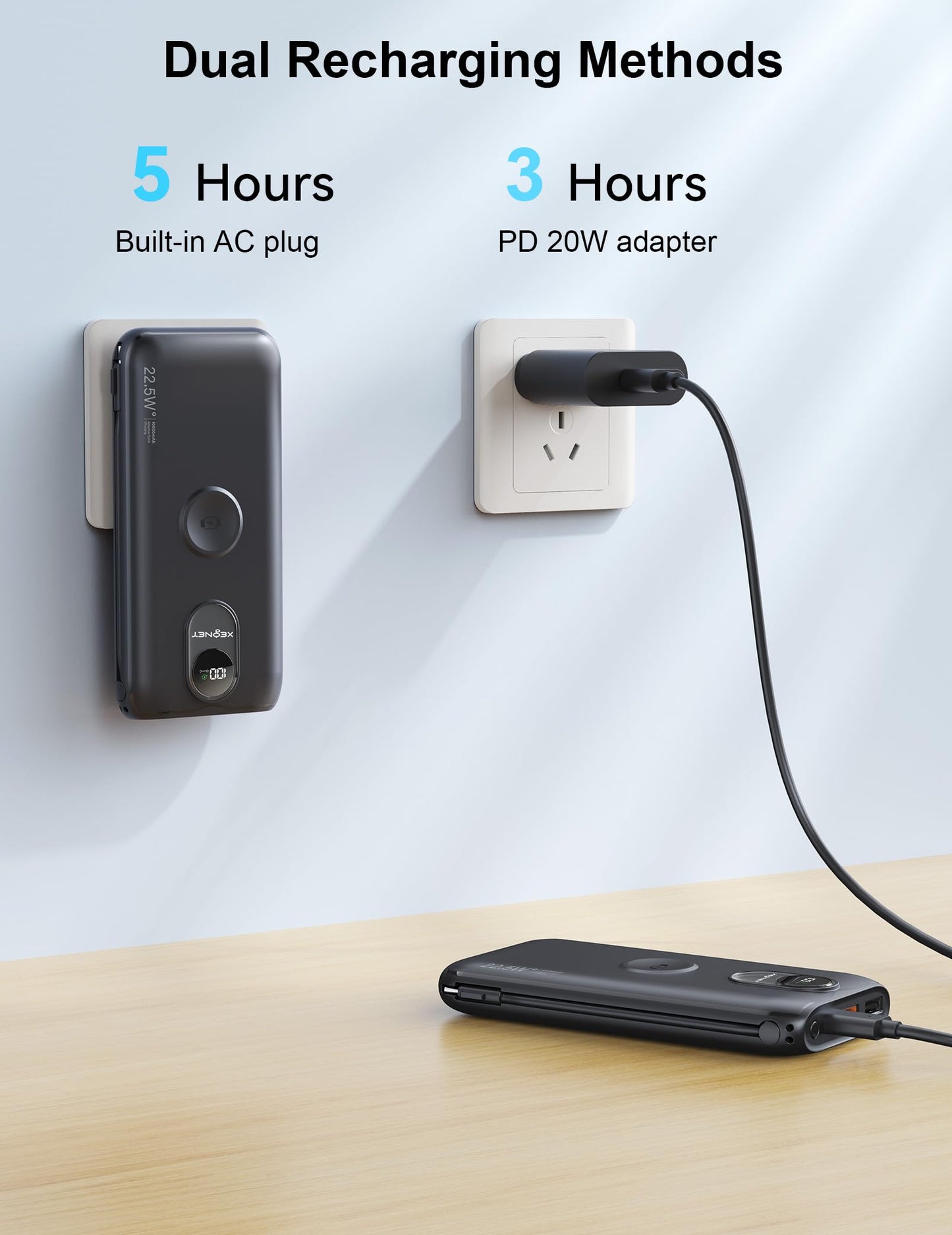 Portable Charger, 10000mAh 22.5W Power Bank Fast Charging with Built in Cable & Wall Plug, Portable Phone Charger with Led Display, Travel Essentials Battery Pack for iPhone 17/16, iWatch 11/Ultra/SE