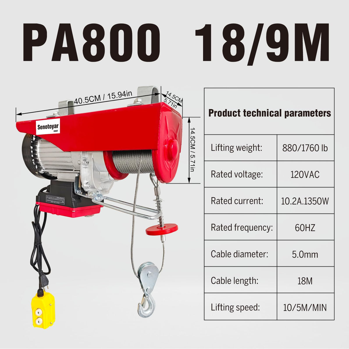 Electric Hoist 2 in 1,1760lbs Electric Hoist Winch with 98ft Wireless Control&Wired Remote Control,110v Electric Hoist 59ft/29.5ft Lifting Height for Garage Warehouse Factory,Single/Double Slings
