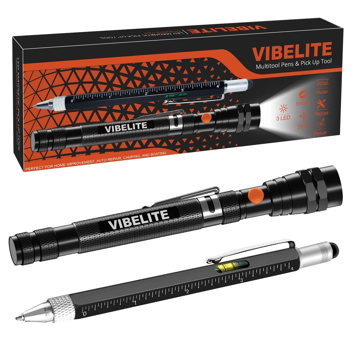 Magnetic Pickup Tool and 6 in 1 Multitool Pen with Touch Screen Stylus, Rulers, Bubble Level, Flathead, Phillips Screwdriver, Ballpoint Pen, BIrthday Gifts for Men, Him, Dad, Mechanic, Women, 2Pack