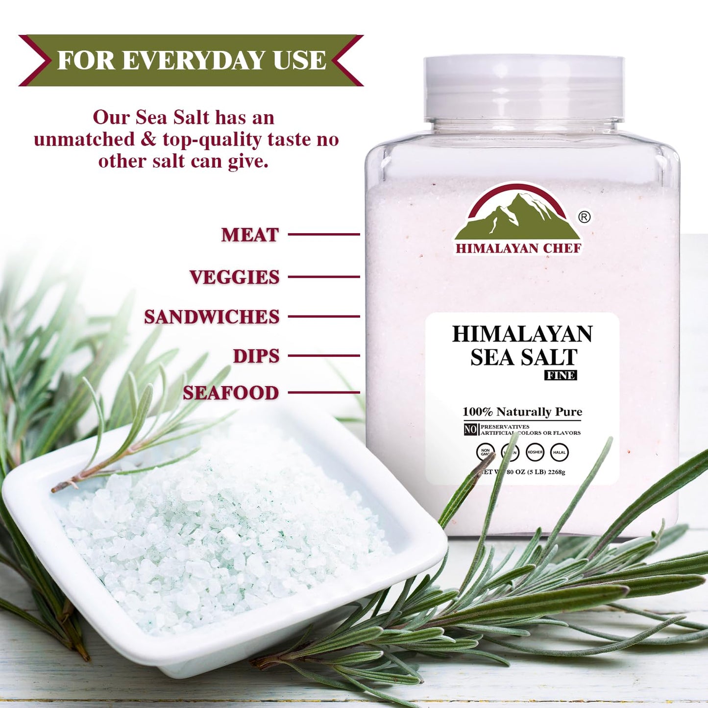 Himalayan Chef Sea Salt Fine Grain Himalayan Salt, 5 lbs Bulk Bag - 100% Natural, Unrefined, Kosher, Rich in 84 Organic Minerals for Cooking, Seasoning