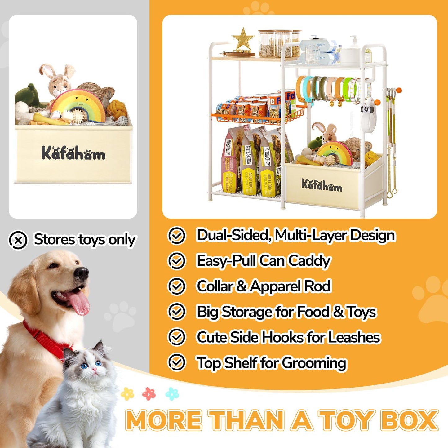 KAFAHOM Dog Toy Bin, Multi-Functional Dog Toy Basket with Collar Rod & Can Dispenser, Puppy Essentials Shelf, Dog Stuff Box, Perfect Basket for Dog Toys in Living Room, Great Gift for Pet Lovers