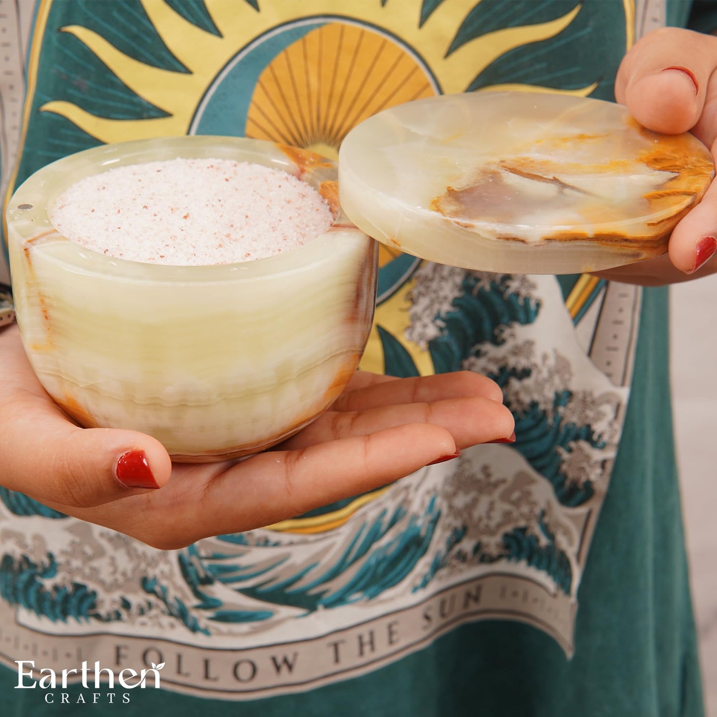 Earthen Crafts Marble Salt Cellar with Swivel Lid 4" Inch Green Onyx Spice Jar Natural Stone Salt Box for Home & Kitchen Counter, Great for Kosher, Sea Salt, Herbs, and Sugar Storage Container, 5.6 OZ