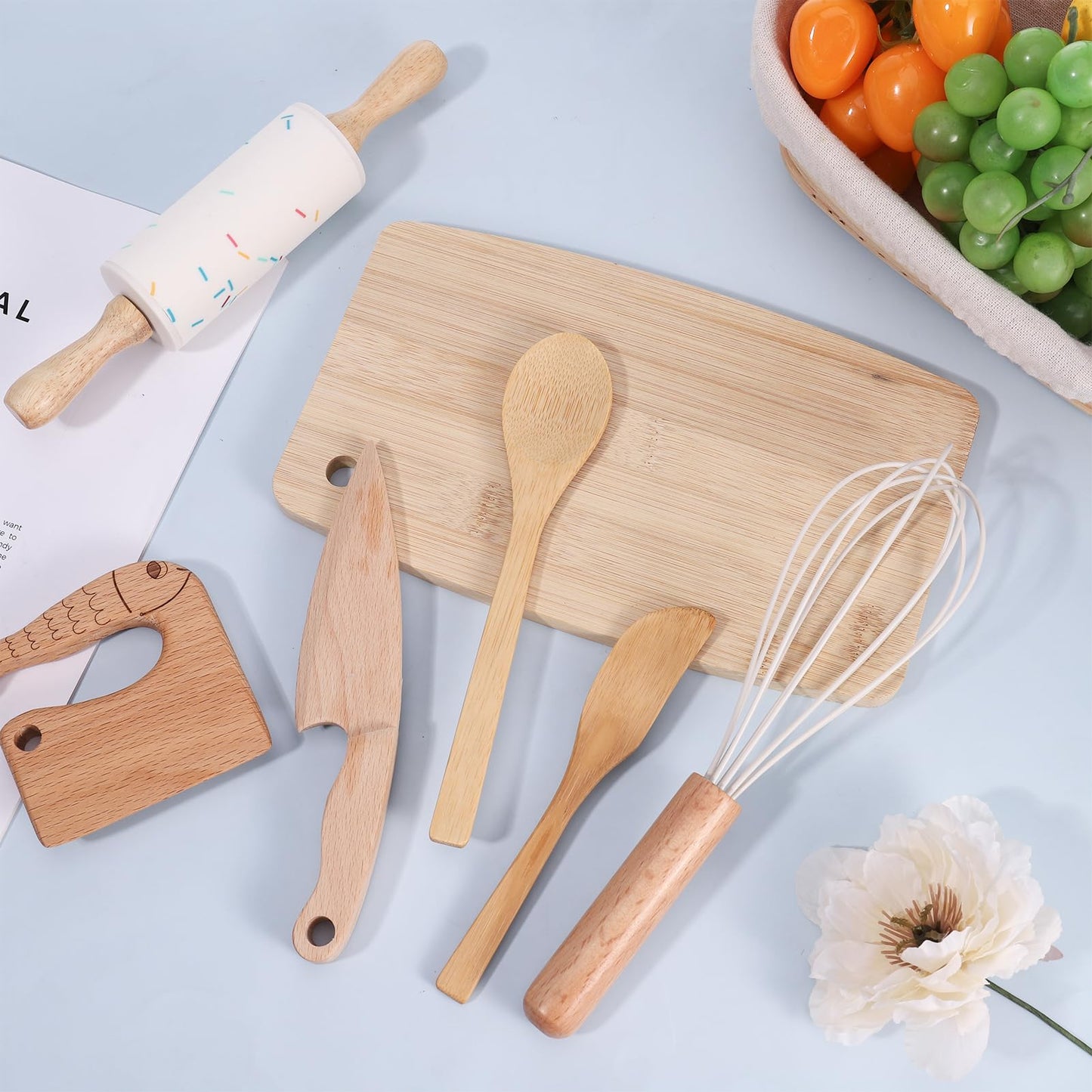 HEQU 7 Pieces Wooden Kids Knife Toddler Knife Set Toddler Cutting Board And Knife Set for Real Cooking Kitchen Tools for Toddlers for Cutting Veggies Fruits Salad Cake