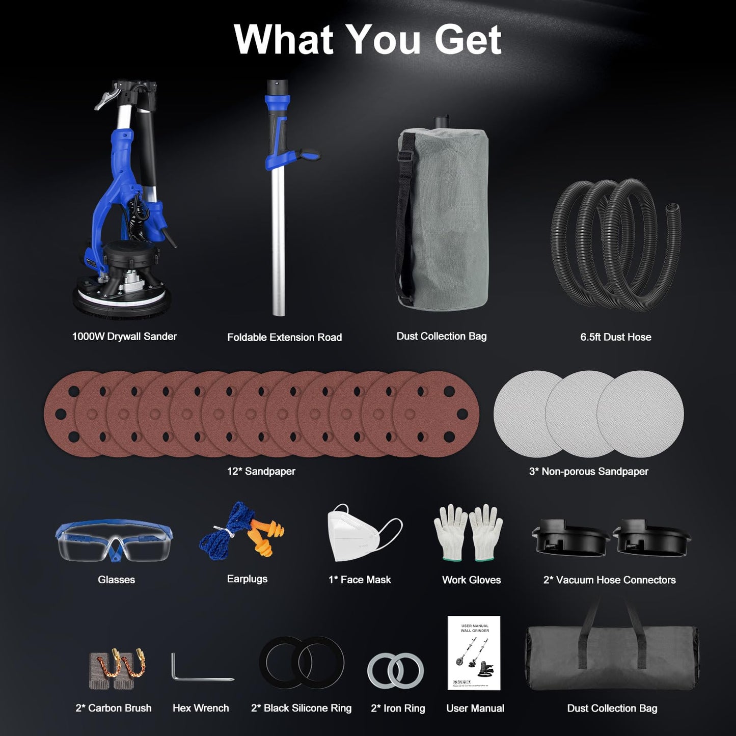 Drywall Sander, 1000W Popcorn Ceiling Removal Tool, Foldable Automatic Drywall Sander with Vacuum Dust Collection, LED Light, 6 Variable Speed 800-2200RPM,15Pcs Sanding Discs (Blue๏ผ