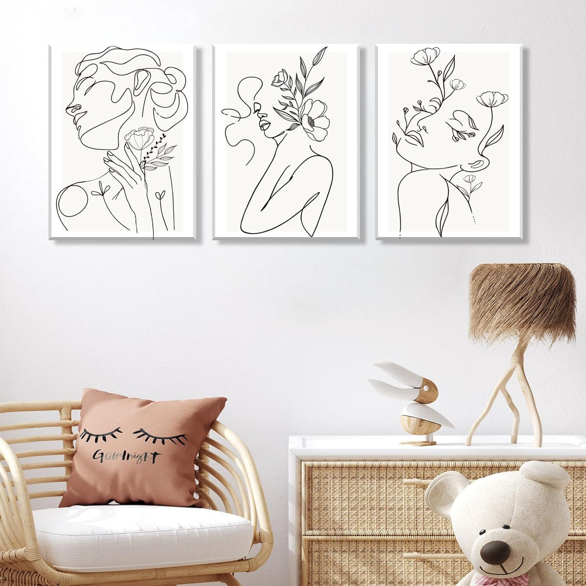 yulihaz Minimalist Woman Flower Line Wall Art Set of 3 Neutral Modern Abstract Black and White Girl Canvas Painting Poster Prints Picture Wall Decor for Bedroom Living Room Framed 12x16 inch