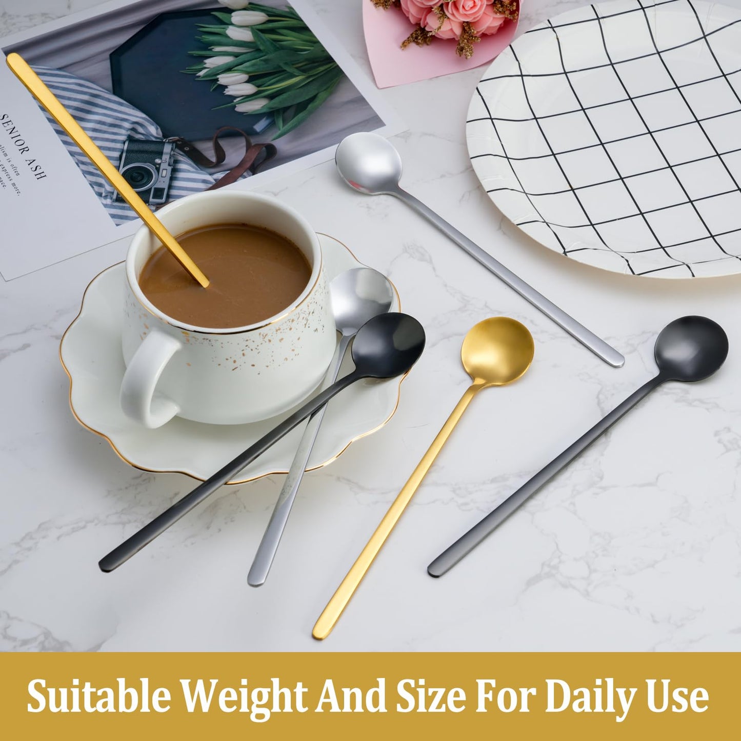 12 Pcs Coffee Spoons Set, 6.7" Gold Tea Spoons Long Handle, Gold Small Teaspoons, Stainless Steel Espresso Spoon, Long Spoon for Stirring, Coffee Bar Accessories (Pack of 2)